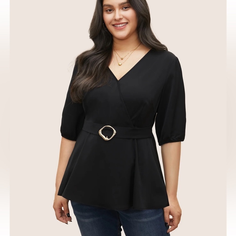BloomChic Plain Elastic Waist Buckle Detail Wrap Blouse us12